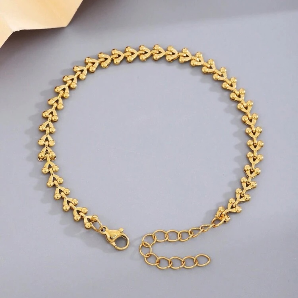 Vintage Stainless Steel Gold Tone Double Beaded Heart Charm Bracelet